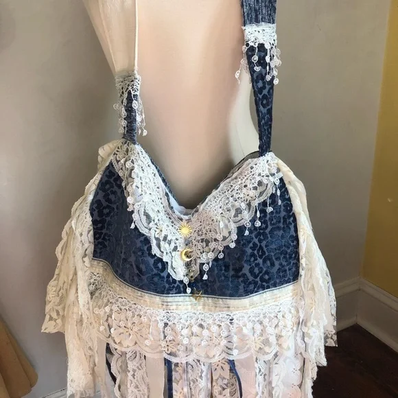 Bohemian Blue Animal Print Cross body Bag w/white lace,ribbon & blue aventurine